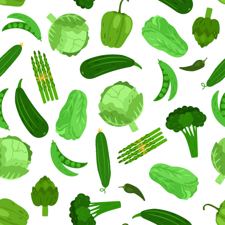 Green vegetables seamless pattern. Cabbage broccoli and cucumber. Vector vegetarian vegetable, zucchini and salad illustrationのイラスト素材