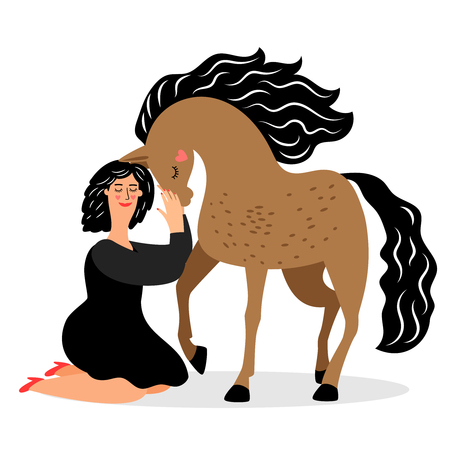 Young woman and horse vector illustration isolated on white. Horse and young girl, animal stallion and womanのイラスト素材