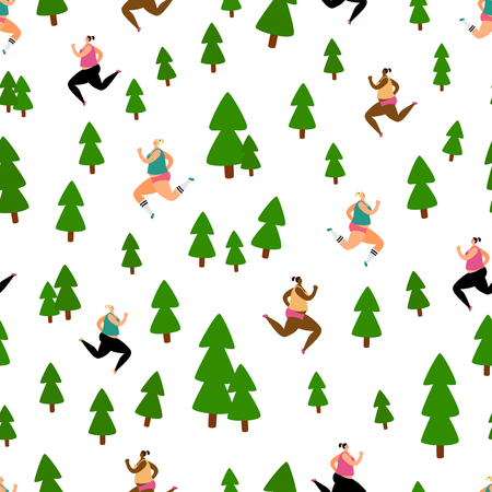Running seamless pattern with girls in forest park. Illustration of run woman in parkのイラスト素材