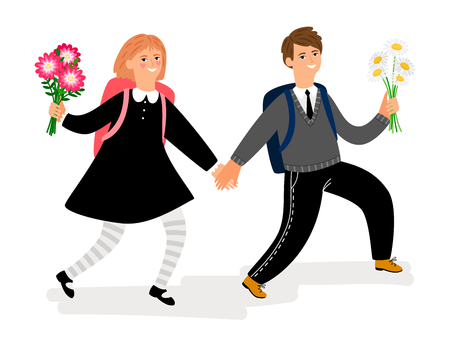 School children boy and girl with flowers. Vector school boy and girl go to study illustrationのイラスト素材