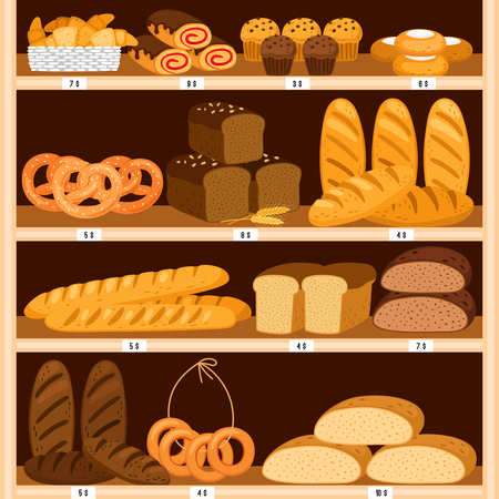 Grocery breads shelves. Bread and fresh pastries wood showcase, bakery products in wooden interior. Bagel and brown sliced loaf, donut and cheesecakes vector illustrationの素材 [FY310122940795]