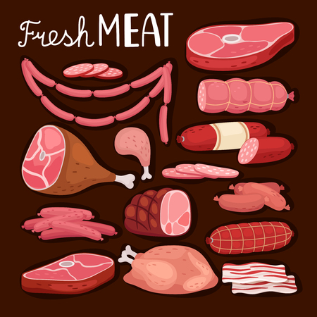 Sausages illustration. Fresh meat and boiled sausage, salami and chicken, raw sliced pork tenderloin and cooked ham for barbeque meal and gourmet shopping vector illustrationのイラスト素材