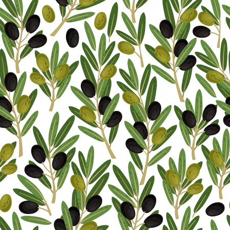Olives seamless pattern. Olive branches with berries and leaves nature green texture on white background vector illustrationのイラスト素材