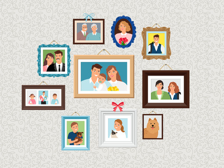 Family frames set. People portrait pictures, faces photoportraits on wall with kids and dog, wife and grandparents vector illustrationのイラスト素材