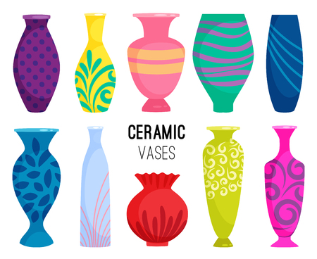 Ceramic vases collection. Colored ceramics vase objects, antique pottery cups with flowers, floral and abstract patterns isolated on white vector illustrationのイラスト素材