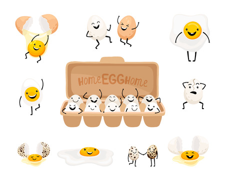 Cute egg faces. Easter eggs friends with funny face vector set, friendly caricature breakfast egg persons isolated on white backgroundのイラスト素材