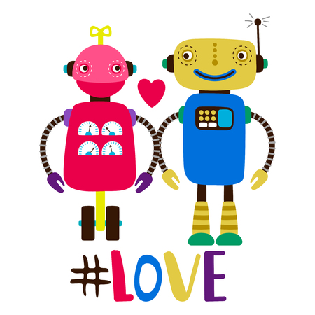 Female and male robots in love print illustration. Robot love character, technology machineのイラスト素材