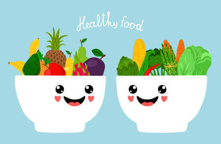 Kawaii bowls with fruits and vegetables vector illustration. Bowls with fruit and vegetable, carrot and cabbageのイラスト素材