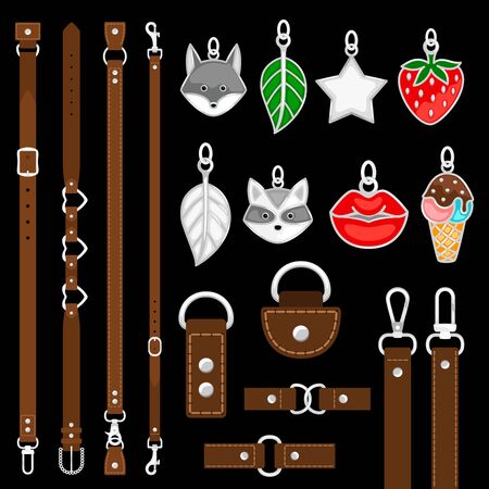 Vector leather belts, pendants, colars, belts elements isolated on black background. Illustration of belts with carabine or clasp, leather and buckleのイラスト素材