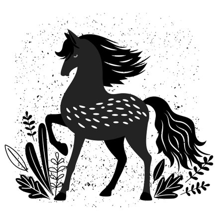 Beautiful black horse vector illustration isolated on white. Stallion or mustang graphic monochromeのイラスト素材