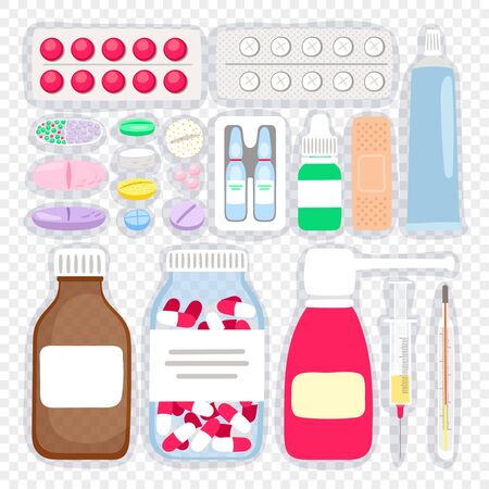 Cartoon medicines and pills. Medical supplies vector illustration, tablets and ampoules, syrup bottle and cough spray for flu and cold medication vector illustrationのイラスト素材