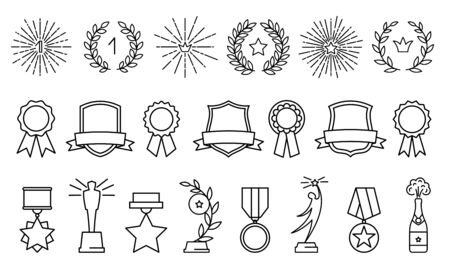 Linear awards signs. Outline award vector icons, lines achieved trophy and laurel wreath, black line cup prizes and winner badge rewardsのイラスト素材