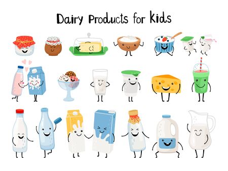 Dairy products for kids. Kid dairy snacking, kawaii organic yogurt and milk, yummy butter and cheese cream characters vector illustration isolated on backgroundのイラスト素材