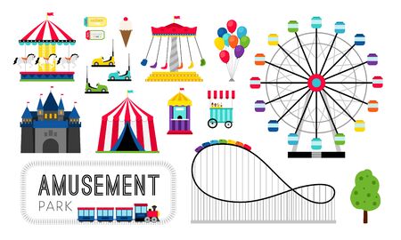 Amusement park elements. Ferris wheel and roller coaster, carnival rides and happy family amusing games, amuse parks fairground icons for tickets and posters, vector illustrationのイラスト素材