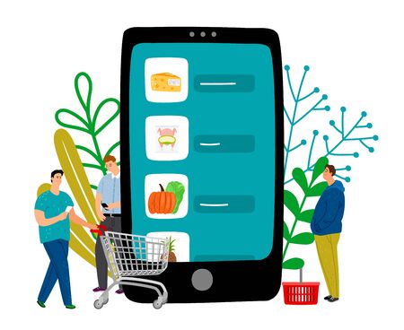 Grocery online. Mobile supermarket and tiny men with shopping baskets vector illustrationのイラスト素材