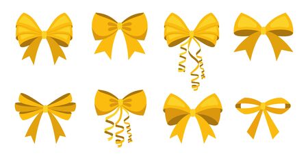 Gold bow set. Cartoon vector yellow ribbons satin bows for xmas gifts, present cards and luxury wrap pack isolated on white backgroundのイラスト素材