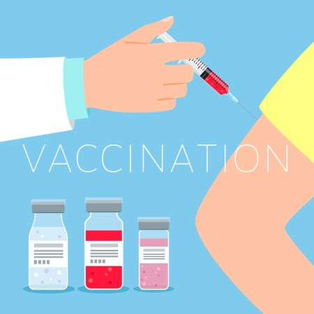 Vaccination concept vector illustration with doctor and patient hands and medicinesのイラスト素材