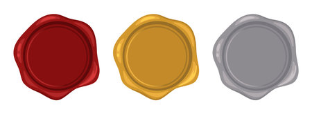 Red gold silver wax stamps. Decorative candle seal postage stamp set isolated on white, vector illustrationのイラスト素材