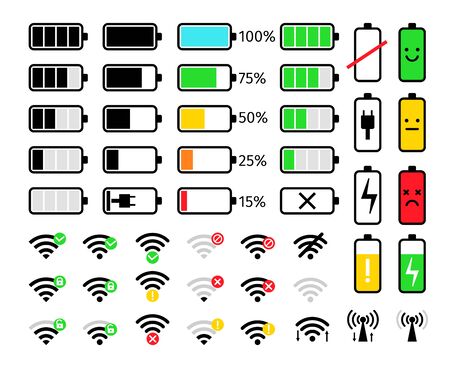 Charge and signal mobile icons. Battery and wifi phone system bar icon set, energy charging or full power loading, low or hi levels communication signals status signs, vector illustrationのイラスト素材