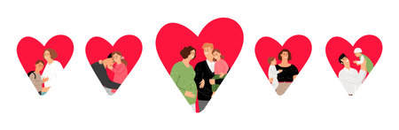 Parents and kids. Happy parenthood vector concept. Mothers son daughter dads charactersのイラスト素材