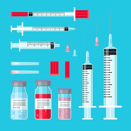 Vaccine cure syringes. Syringe shot medical objects, shots and injection needles, vaccines bottles medicine illustration treatment vector illustrationのイラスト素材