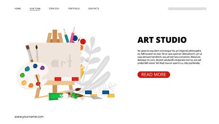 Art studio landing page. Art, painting tools vector web banner template. Brushes, paints, color pencil, easel elementsのイラスト素材