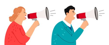 People with megaphone. Social media marketing, promoters vector characters. Screaming man and woman avatarsのイラスト素材