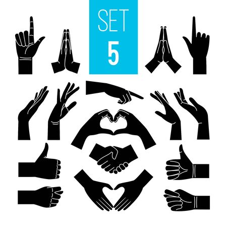 Black hands gestures. Hand and arm icons, gesture graphics signs, vector woman gesturing silhouettes isolated on white backgroundのイラスト素材