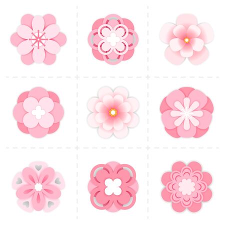 Pink paper sakura flowers. Blossom sakura flowers isolated on white background, vector cherry blossoming or flowering graphics, japanese spring blossoms illustrationのイラスト素材