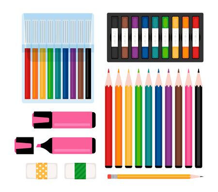 Art tools collection. Markers, color pencils and erasers, felt-tip pens and highlighter. Stationery vector illustrationのイラスト素材