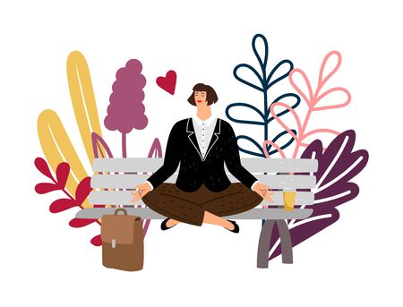 Lunch for yoga. Business woman meditates, creative coffee break time. Keep calm, relaxation isolated vector conceptのイラスト素材