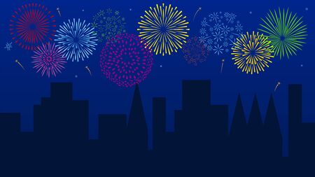 Night firework. Festive colorful fireworks over downtown vector backgroundのイラスト素材