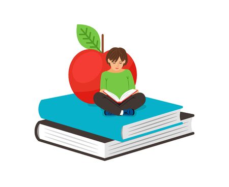 Girl reading. Cute serious girl kid sitting on textbooks next to apple vector illustration, clever child love read and learn concept, children learning and studying imageのイラスト素材