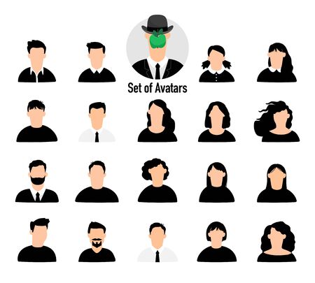 Male and female avatars set. Business and casual human face silhouettes, man and woman cartoon photo portraits, flat design profile persons iconsのイラスト素材