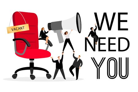 Hiring office chair. Hiring advertising with people wanted employees creative concept for business corporate vacancy messageのイラスト素材