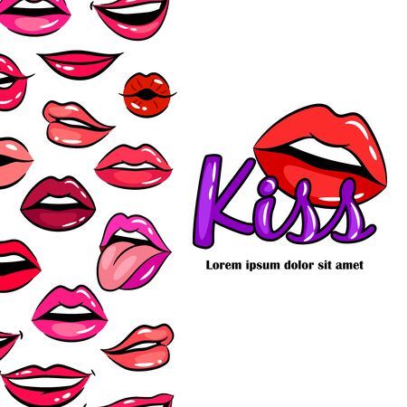 Comic female lips and kiss sign vector background templateのイラスト素材