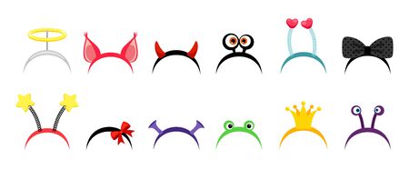 Photo booth hair hoops. Funny jewelry for girls with crown, bows and horns. Vector fantasy head accessories setのイラスト素材