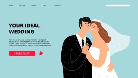 Wedding planner landing page. Just married characters banner. Organization of celebrations and holidays web templateのイラスト素材