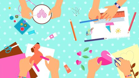 Workshop. Kids creative lab, hand made lesson. Kindergarden classes top view. Hands make art vector illustrationのイラスト素材