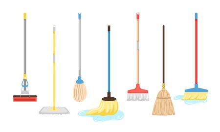 Brooms and mops equipment. Hygiene handling equipments objects vector illustration, household mop and housework broom tools isolated on white backgroundのイラスト素材