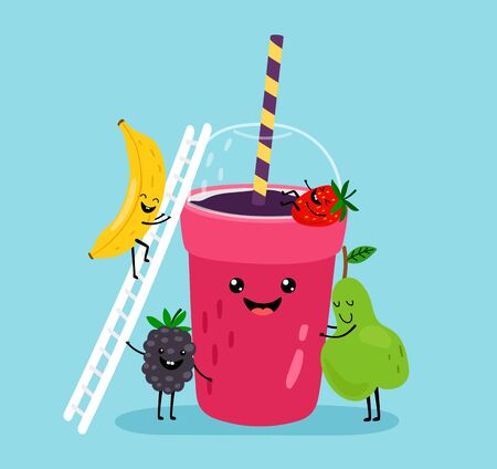 Smoothie drink. Fresh summer fruit juice. Cute cartoon fruits with mug. Drinking menu, healthy vegan lifestyle vector illustrationのイラスト素材