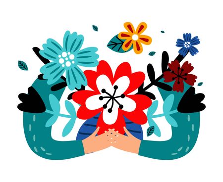 Hands holding flowers bouquet. Love nature metaphor. Floral gardening, planting and caring about plants vector illustrationのイラスト素材