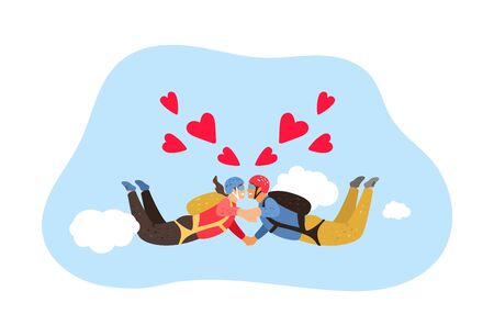 Free fall. Skydiving hobby, couple falling in love metaphor. Man and woman kiss in flying vector illustrationのイラスト素材