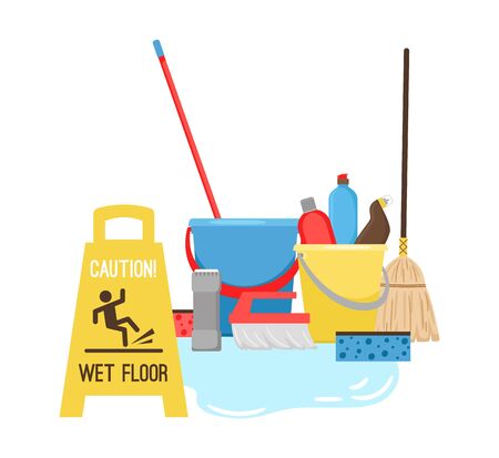 Cleaning, equipment for cleaning and mopping. Puddle and sign wet floor. Mop, bucket and sponge vector elementsのイラスト素材