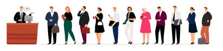Long queue. People with gadgets, documents and coffee in waiting line. Secretary, receptionist and businesspeople vector illustrationのイラスト素材