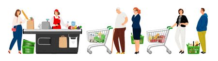 People queue in grocery. Food store, people with carts. Waiting line to cashier, man woman elderly want to buy products vector illustrationのイラスト素材