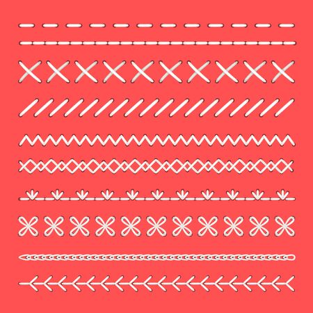 Craft embroidery seams. Cartoon fabric stitching isolated illustrations, fashion materials and leather sewing patterns, hobby tailoring or sewing clothes seam detailsのイラスト素材