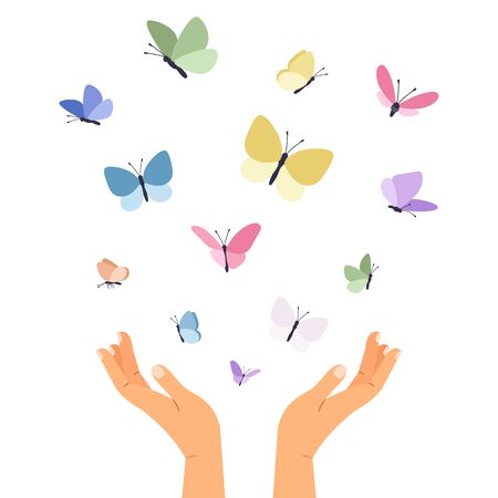 Butterflies flying from open hands. Isolated colorful butterfly, care or love metaphor. Flat forest seasonal insects vector illustrationのイラスト素材