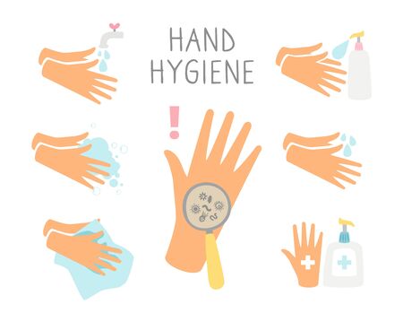 Personal daily hygiene. Wash hands, using sanitizer. Kill virus coronavirus bacteria. Covid 19 prevention vector setのイラスト素材