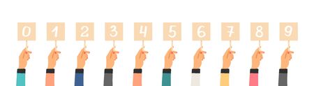 Vote ranking. Hands holding tables with numbers. Isolated flat number plates, jury competition rating of goods or reviews vector setのイラスト素材